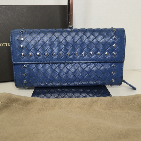 Bottega Veneta Intrecciato Studded Blue Leather Long Wallet with Box and Dustbag - Picture 2 of 15